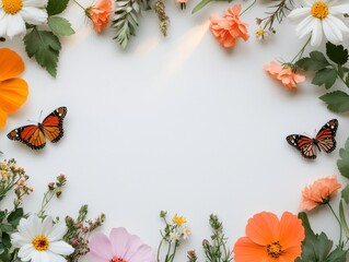 Obraz premium Springtime Floral Frame with Butterflies Nature Scene Decorative Art Bright Colors Close-Up Seasonal Beauty
