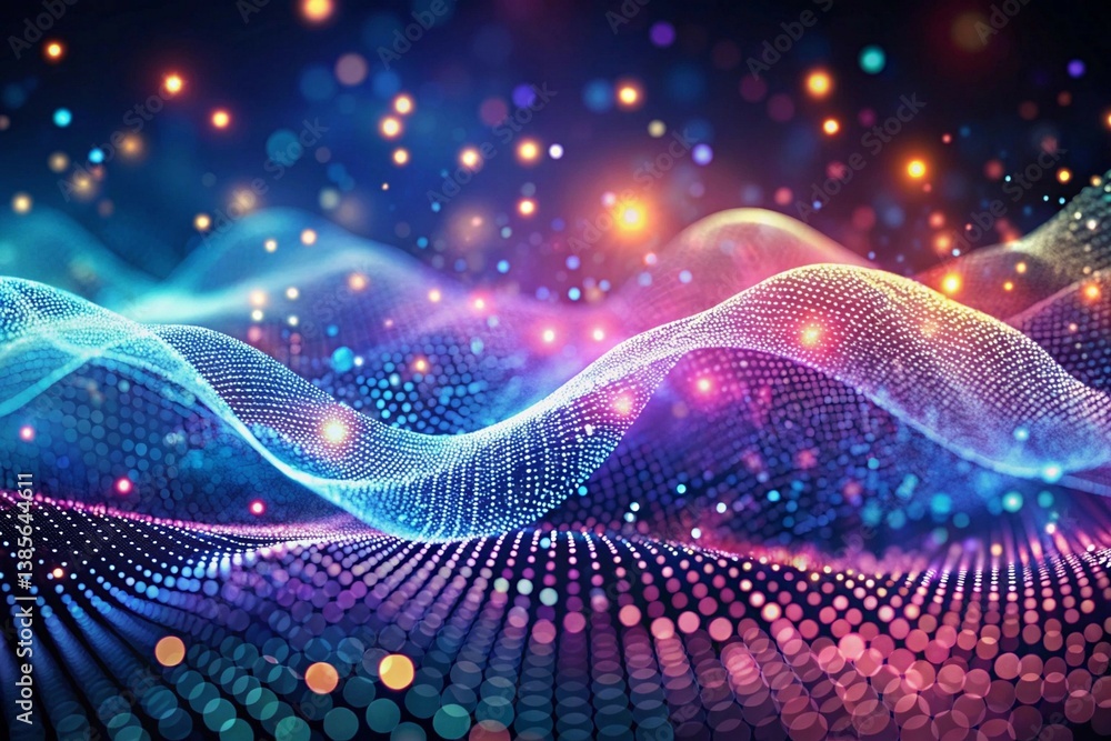 Poster dynamic digital wave with glowing dots and refocused particles, ideal for futuristic tech background
