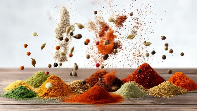 Colorful spices and seeds explode in mid-air above rustic wooden table in vibrant motion. 4K video
