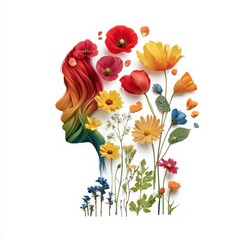 Colorful Floral Silhouette Portrait with Vibrant Hair and Flowers