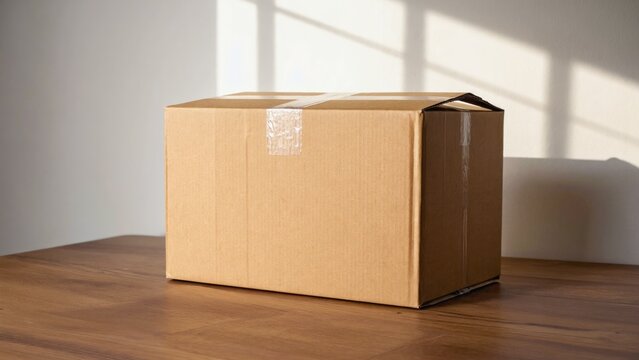 Brown cardboard box on a table, ready for shipping. New and unused.