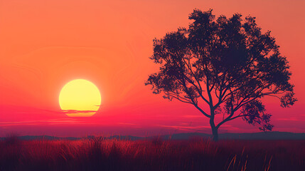 Fototapeta premium Sunset Landscape: Solitary Tree Silhouette Against Vibrant Sky