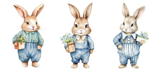 Easter bunny collection. Watercolor bunnies with spring flowers.