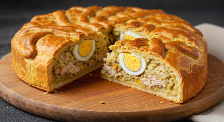 Meat pie with eggs sliced on a wooden board  