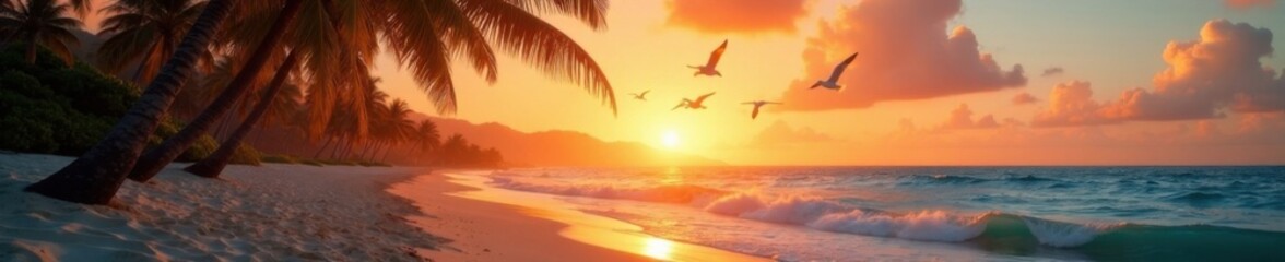 Warm sandy beach under palm trees at sunset with seagulls flying overhead, sand, ocean, seagull