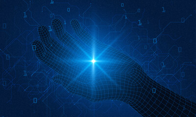 AI innovation concept. Abstract digital background. Digital human hand finger on processor circuit board. Artificial Intelligence concept. 3D low poly wireframe Robot arm and hand human Touch