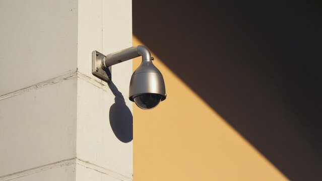 A high definition surveillance camera with infrared capability and night vision, mounted on a concrete wall of a building.