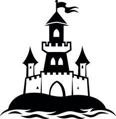 Obraz premium Majestic Black and White Castle Illustration on an Island Surrounded by Water