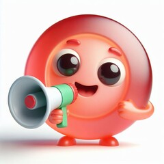 Cute character 3D image of jelly gummy candy circle shape holding loudspeaker, big eyes, funny laughing on a white background