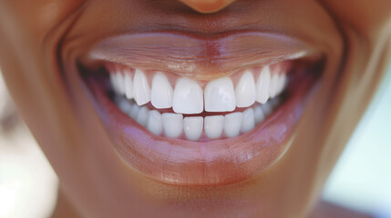 Naklejka premium Close up of a smiling mouth with white healthy teeth from an african woman, AI generated