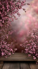 Delicate pink cherry blossoms border a charming wooden pathway, creating a tranquil atmosphere filled with natural beauty in spring.