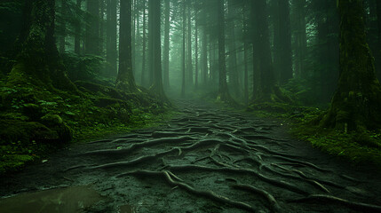 Fototapeta premium Mysterious Forest Pathway with Roots and Misty Ambiance