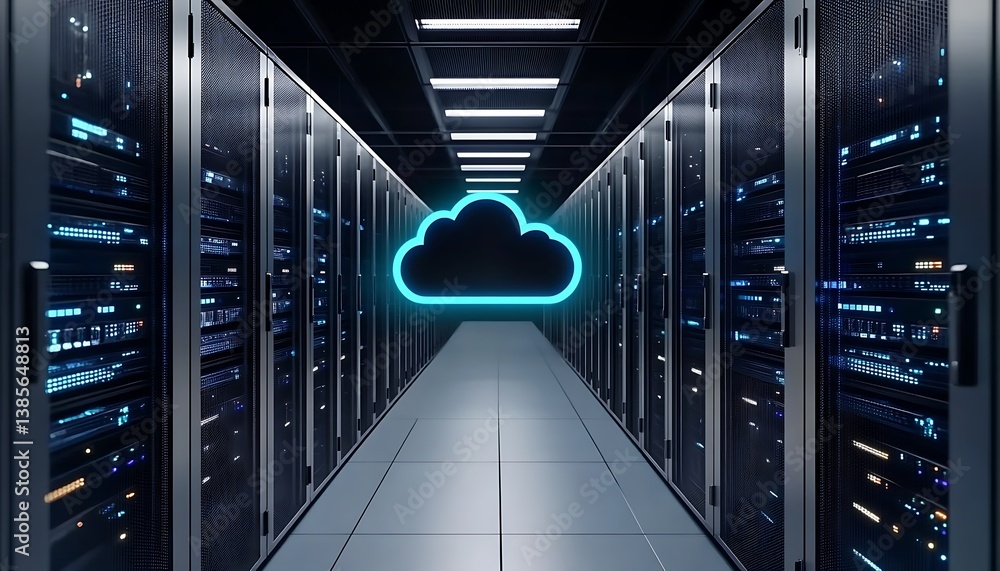 Poster seamless data migration to the cloud, data being transferred from on-premises servers to cloud stora