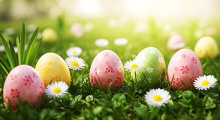 Fototapeta premium Colorful Speckled Easter Eggs in Grass with Daisies – Spring Macro Photography Outdoors