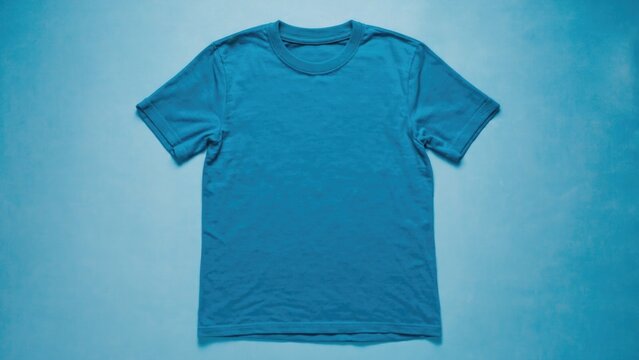 This is a photograph of a blue T-shirt laid flat on a gray surface. The shirt has short sleeves and appears to be plain with no additional graphics or patterns.