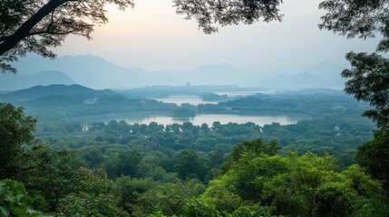 Serene lake vista, misty mountains, framed view, peaceful dawn, travel brochure