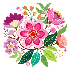 A colorful flower arrangement with pink flowers and green leaves