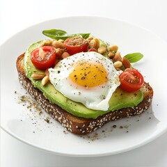 A fresh avocado toast with poached egg and cherry tomatoes. Featuring health and flavor