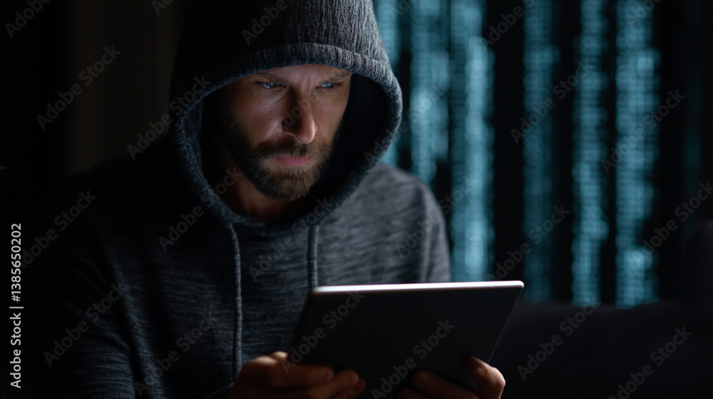 Poster man in hoodie looking at tablet in dark room with blue digital background behind him coding hacking