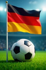 Naklejka premium Close-up of German flag waving above a soccer ball, motion blur, german football