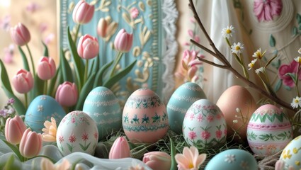 Easter eggs with floral decoration lying on straw with pink tulips and daisies