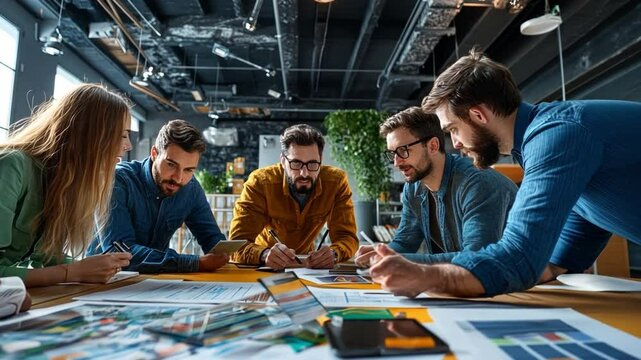 Brainstorming Session: Colleagues gather around a table, engaging in a collaborative brainstorming session to discuss innovative ideas.