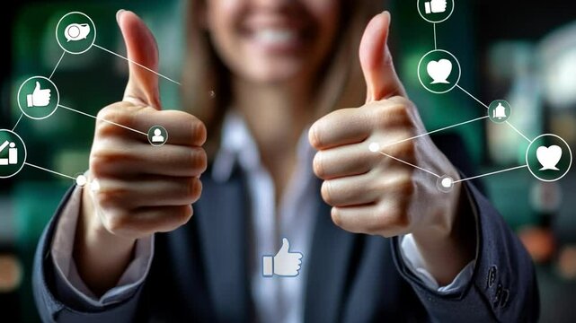 Thumbs Up in Social Media: An enthusiastic woman gestures "thumbs up," the action symbol representing agreement or approval, framed by a web of social media icons that amplify digital interaction. 