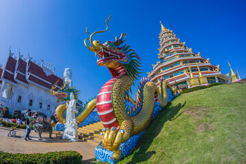 Fototapeta premium Wat Huai Pla Kang is a temple complex containing a big Buddha statue (known as Big Buddha Chiang Rai), a 9 floor pagoda and a beautiful white temple. It’s about 5 miles North of Chiang Rai