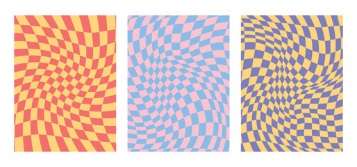 Vivid abstract posters. Geometric checkered board. Optical illusion, modern art. Childish lollipop colors. Psychedelic groovy swirls. Hippie background, cover, pattern, banner. Vector illustration.