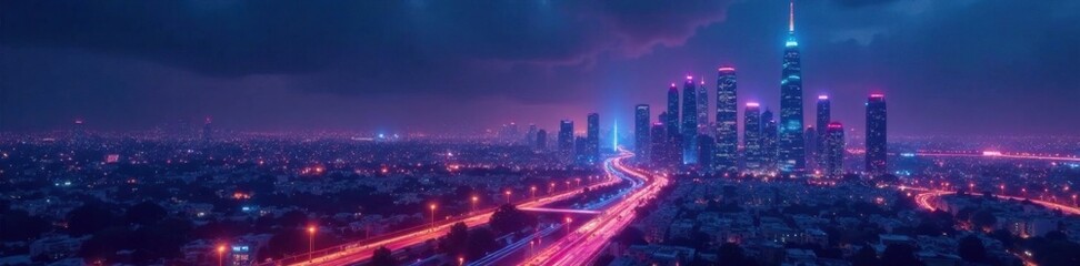 Naklejka premium Futuristic cityscape with sleek skyscrapers and neon lights at night, glowing, technology, urban