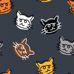 cat simple abstract doodle seamless pattern in grey background.