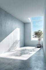 Bright minimalist interior with a potted tree and natural light streaming through a window