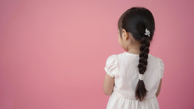 Young girl with braided hair posing for the camera. Her back is turned to view her braid.