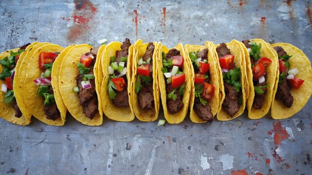 A row of tacos with beef topped with cheese and other delicious ingredients on a grill.