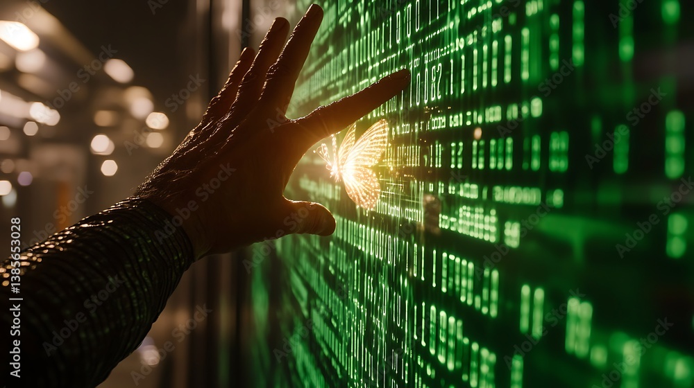 Poster hand interacting with digital code display technology