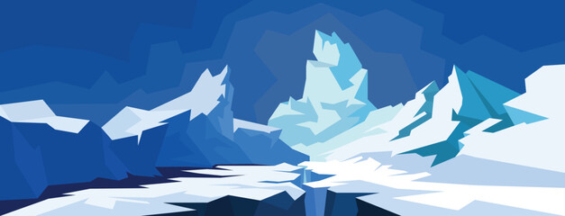 Abstract arctic mountain landscape. Vector ice and snow scene with frozen peaks, glacier crack, and dramatic blue tones. Cold, minimalist style for nature, climate, or winter themes.