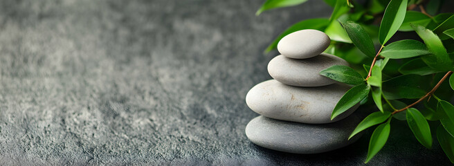 Fototapeta premium Meditative background with balanced stones and a green plant on the right side