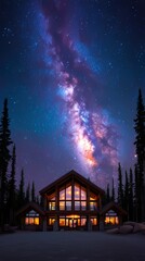 Fototapeta premium Majestic Mountain Cabin Under Starry Sky Nature Scenic View Tranquil Environment Cosmic Concept