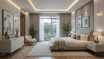 Design a stylish and modern bedroom interior that embodies tranquility and comfort. Use a palette of neutral tones, such as soft grays, warm beiges, and crisp whites, to create a serene atmosphere.