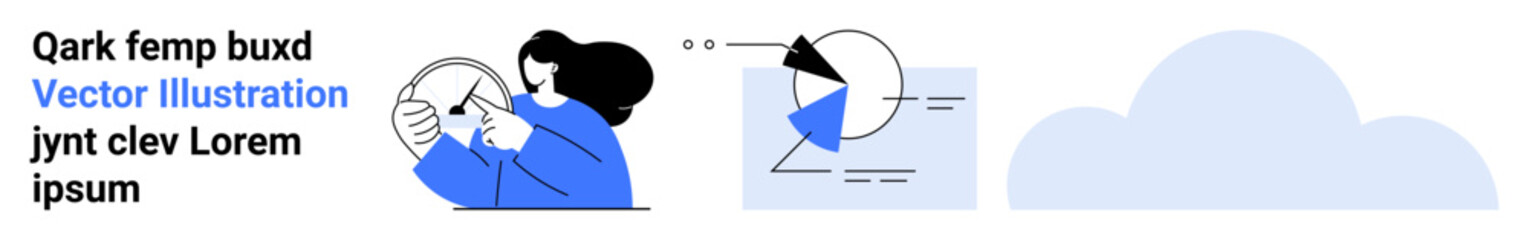 Woman reviewing diagrams, pie charts, and data in a cloud-connected environment. Ideal for data analysis, business intelligence, education, teamwork, finance, presentations simple landing page