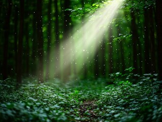 Mystical Sunlit Forest Path leading to Enchantment Nature's Serenity Image Lush Greenery Ground Level Tranquil Journey