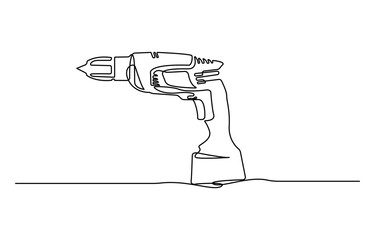 Electric hand drilling machine outline drawing illustration, continuous one line drawing of cordless drill icon.