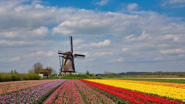 This image showcases a picturesque Dutch countryside scene, featuring iconic windmills and vibrant tulip fields.