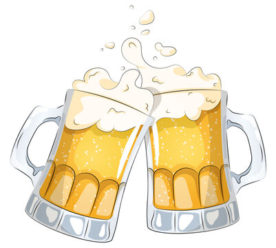 Clinking Foamy Beer Glass Mugs Illustration. Celebratory Toast or Cheers