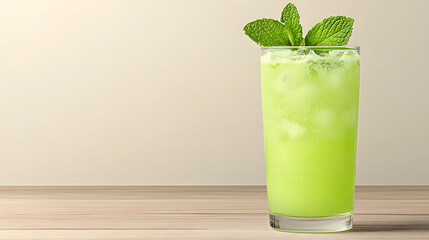 Refreshing Green Mint Beverage with Ice Cubes and Fresh Mint Leaves