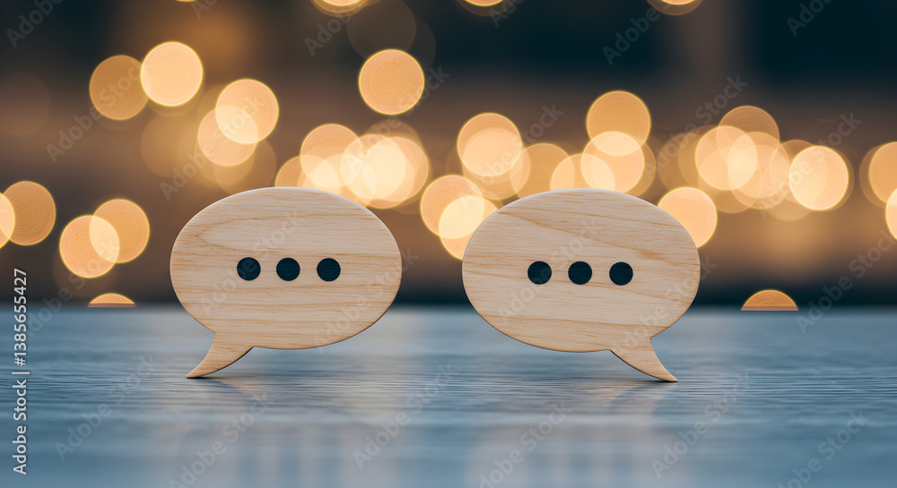 Poster two light wooden speech bubbles with three dots on gray surface and bokeh light background