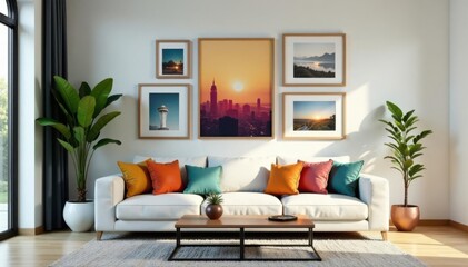 Modern living room interior with eclectic mix of photo frames, patterns, abstract shapes