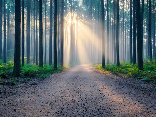Fototapeta premium Sunbeams Illuminating Misty Forest Path Nature Scene Tranquil Environment Serene Viewpoint Atmospheric Concept