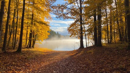 Obraz premium A serene autumn scene featuring a forest path through fallen leaves, leading towards the river. Bright sky, foggy atmosphere and tranquil setting.