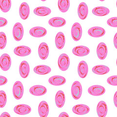 Seamless pattern of pink and blue circle shapes on a white background. The circles have a swirled design with shades of red and green.